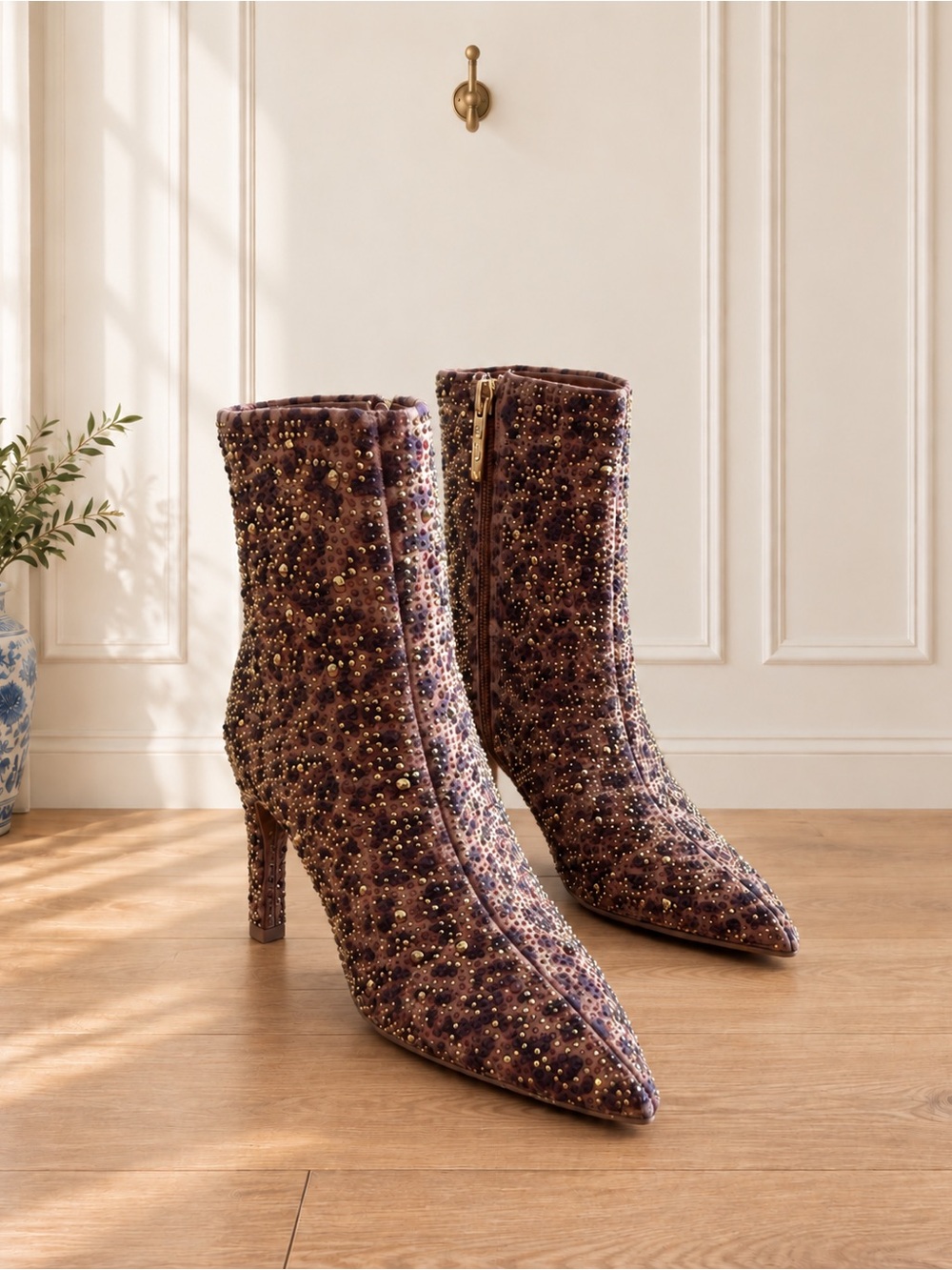 Embellished Pointed-Toe Ankle Boot in Brown